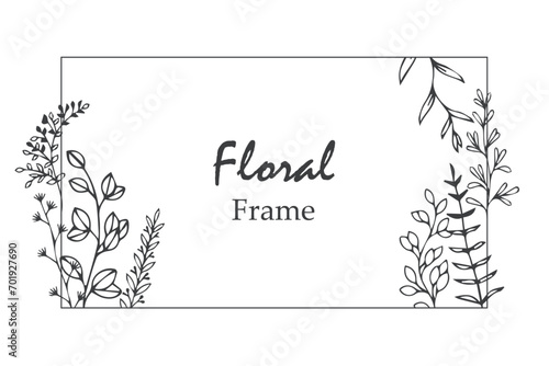 Hand drawn elegant floral frame. Delicate meadow flowers, herbs, branches, plants. Vector illustration in line art style