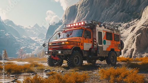 Rugged four-wheel ambulance in mountain area, AI Generated
