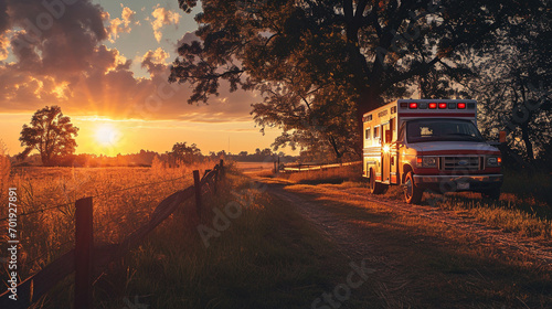 Sunset over an ambulance in rural countryside, AI Generated photo