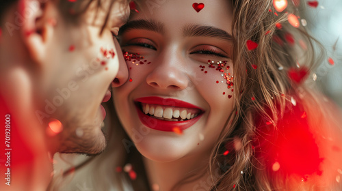 beautiful smiling girl and young man with heart-shaped confetti on they cheeks and red lipstick on girl. concept - holiday makeup, valentine's day couple photo