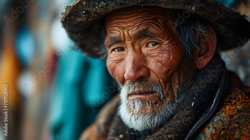 Elderly Asian Man in Traditional Hat. Generative AI