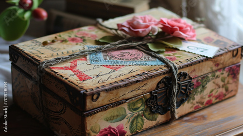 Valentine gift box decorated with vintage love stamps and postcards, AI Generated