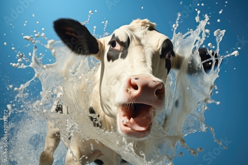 Bovine ballet: A cow dances gracefully through milk splatters against a blue setting