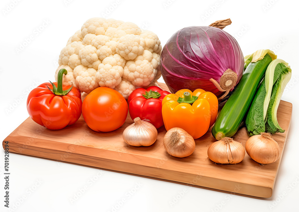 A vibrant selection of fresh vegetables including tomatoes, bell pepper, cauliflower, red onion, garlic bulbs, and zucchini neatly arranged on a wooden cutting board against a white background. A vibrant selection of fresh vegetables including tomatoes, bell pepper, cauliflower, red onion, garlic bulbs, and zucchini neatly arranged on a wooden cutting board against a white background.
