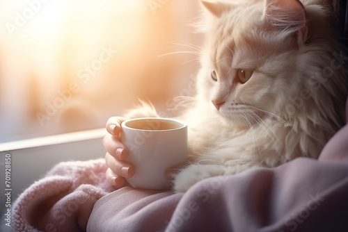 A cozy fluffy cat and a cup of coffee in the arms of a girl wrapped in a blanket, looking out the window. Stock image for peaceful and comforting content. photo