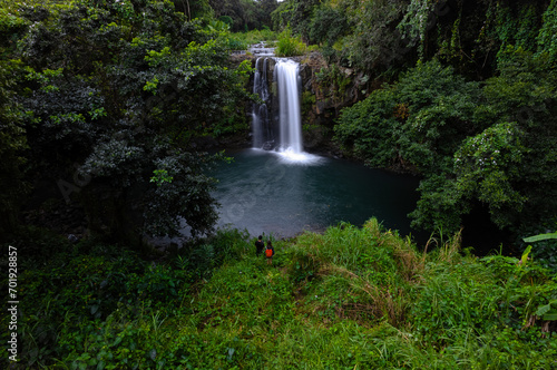 Aerial long exposure view of Minissy waterfall located in Mauritius island