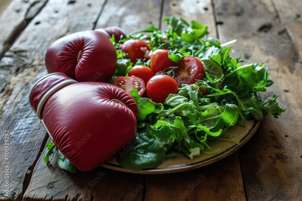 Φωτογραφία Food Fight: Boxing gloves ready to battle over a plate of salad, representing th