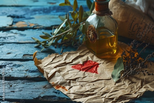 Love Elixir Ingredients: A heart symbol, herbs, bottle, and parchment in a romantic still life, alluding to the creation of a love elixir