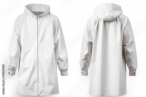 Back and front white Raincoat, white background, isolated , mockup