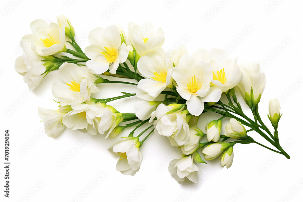 Freesias, white background, isolated, top view Freesias, white background, isolated, top view