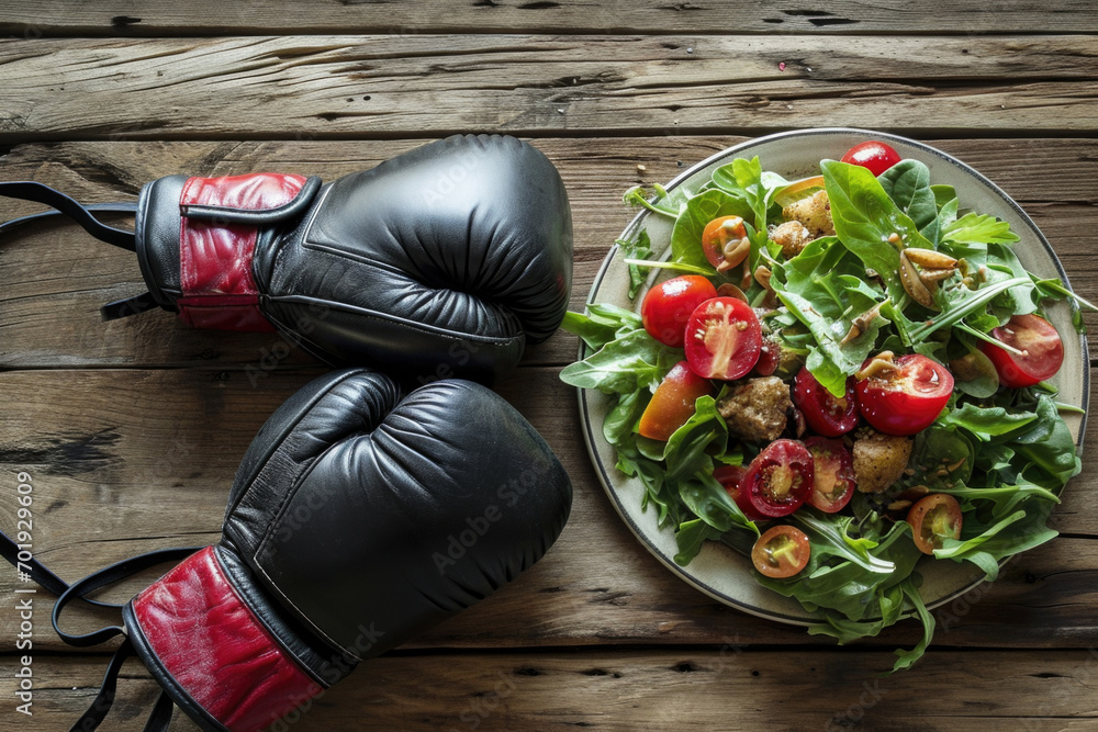Salad Smackdown: Boxing gloves and a salad plate symbolizing the battle for better eating habits