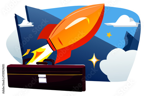 A rocket launching from a briefcase. vektor icon illustation