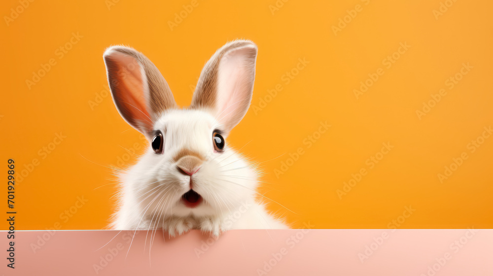 Fototapeta premium surprised white rabbit with big expressive eyes ,orange background 