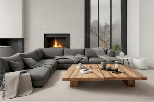 modern living room with fireplace, generative ai
