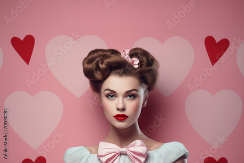 Woman with retro hairstyle infront of pink backdroop. Valentine's Day vibes. Image for poster retro-themed event or party. Lookbook photography, album cover. Banner with copy space.