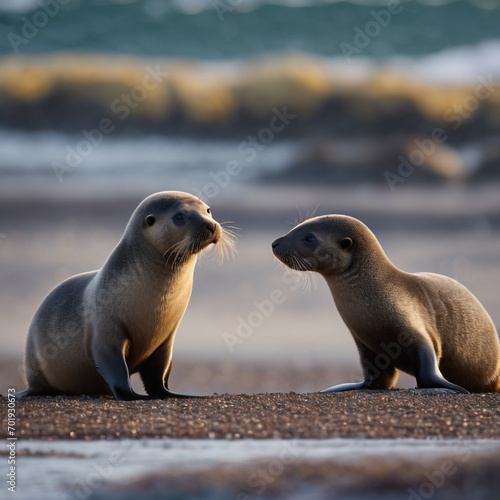 Juvenile Antarctic fur seals playing on beach