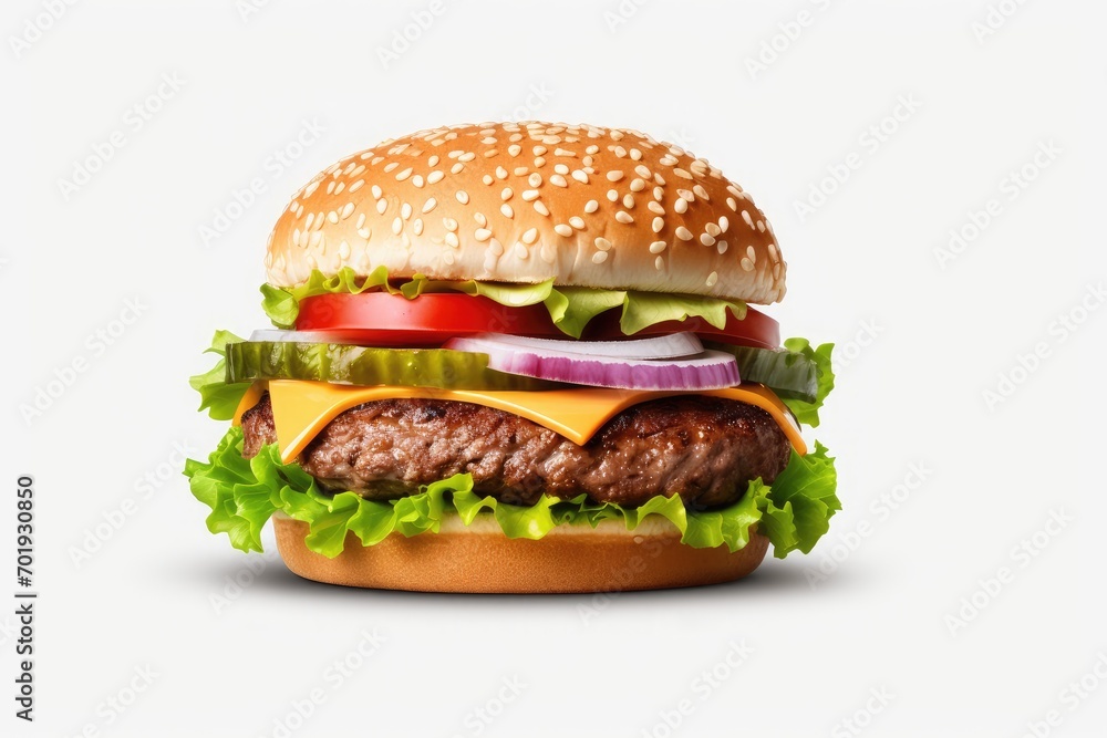 Classic cheeseburger with beef, cheese, bacon, tomato, onion and lettuce isolated on white background. Classic cheeseburger with beef, cheese, bacon, tomato, onion and lettuce isolated on white background.