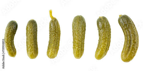Marinated cucumbers or pickled gherkins isolated on a white background, top view.