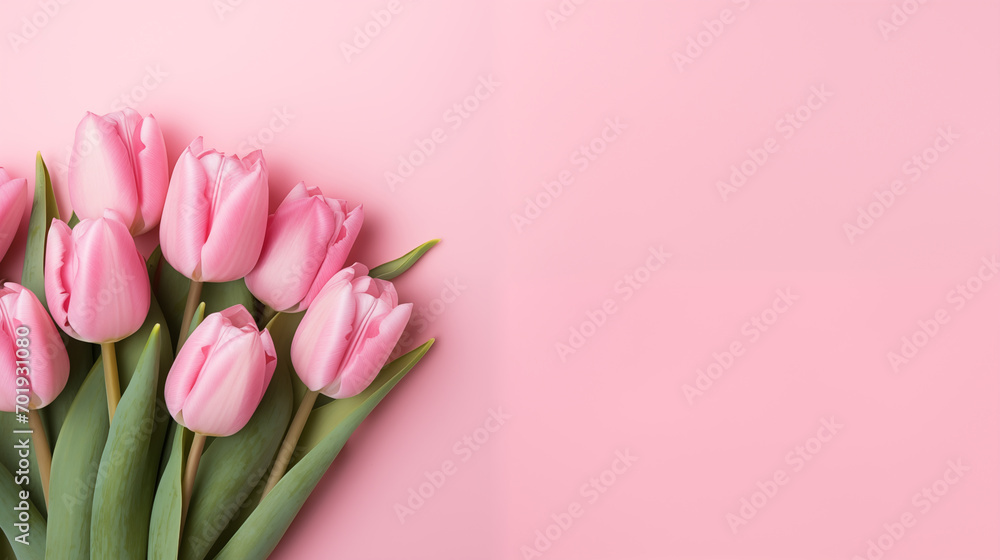Fototapeta premium Delicate pink tulip on a pink background. Space for text or design.