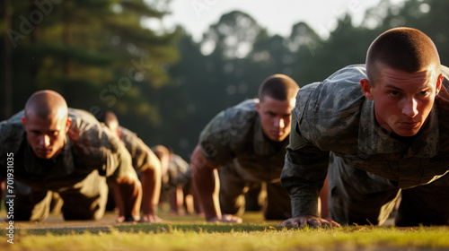 A group of soldiers doing push-ups during a training session.