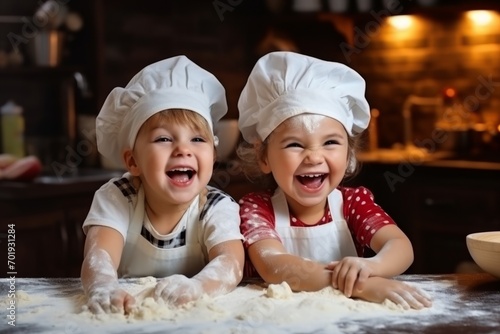 Two children laughing smiling home kitchen cook kneading dough sweets together fun kids apron happy family dessert little babies enjoy ingredients pastry culinary cuisine delicious preparation recipe