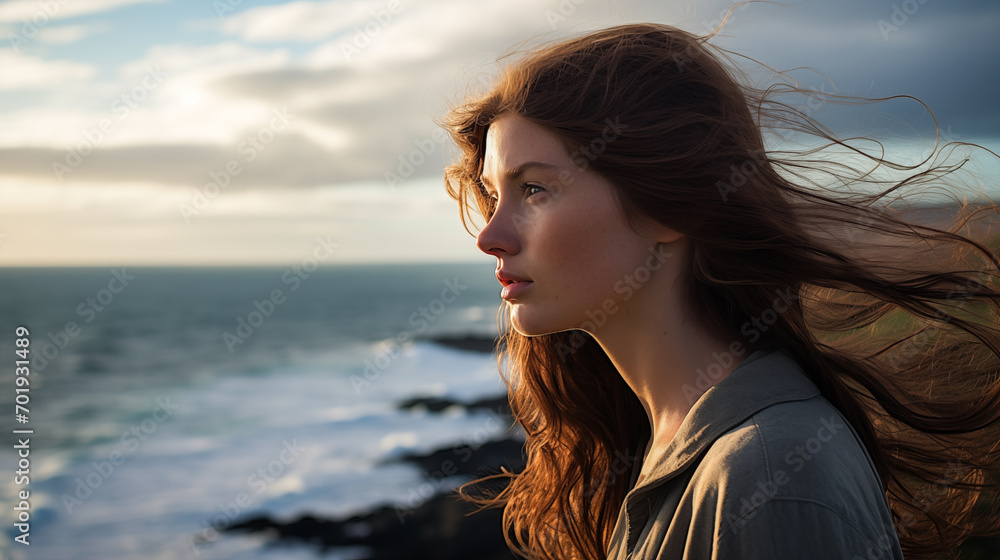 Woman with windswept hair gazing at the horizon by the sea.