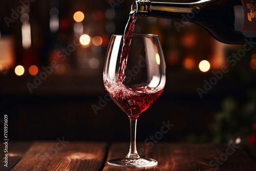 Pouring red wine to glass party restaurant bar gourmet celebration luxury taste splashing grape alcohol expensive drink bordeaux chateu cabernet bottle refreshment toned drops bubbles french wineglass photo