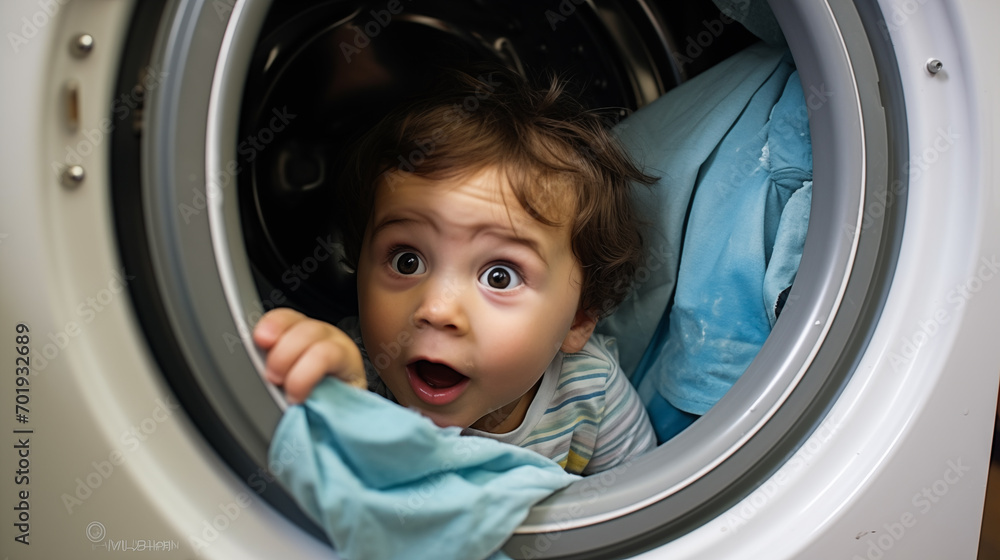 A child hiding inside a washing machine, looking surprised. A child hiding inside a washing machine, looking surprised.