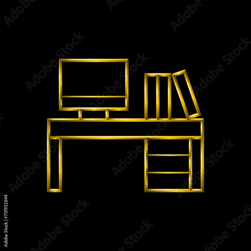 Work space table icon, golden metallic thin 3d lines collection. photo