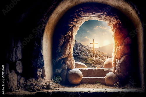 Quadro em tela empty tomb of Jesus Christ at sunrise resurrection