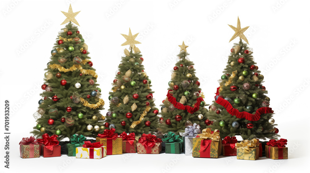 A grand pine tree splendidly decorated with ornaments, towering over an array of vibrantly wrapped gifts, announces the festive Yuletide season. A grand pine tree splendidly decorated with ornaments, towering over an array of vibrantly wrapped gifts, announces the festive Yuletide season.