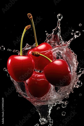 Fresh, juicy cherry berries in clear water on a dark background. Splashes of clear water around the berries.