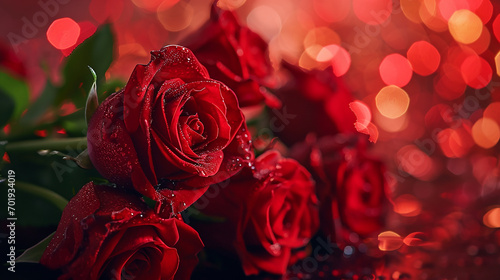 Romantic bouquet of red roses on bokeh background  Valentine s Day  Anniversary  Wedding