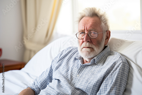 Sick elderly man with glasses and beard laying in bed. © XaMaps