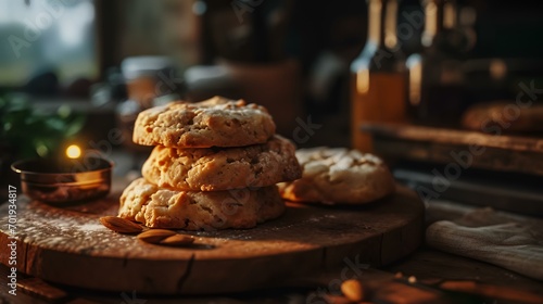 Homemade oatmeal cookies on rustic wooden table. Selective focus. photo