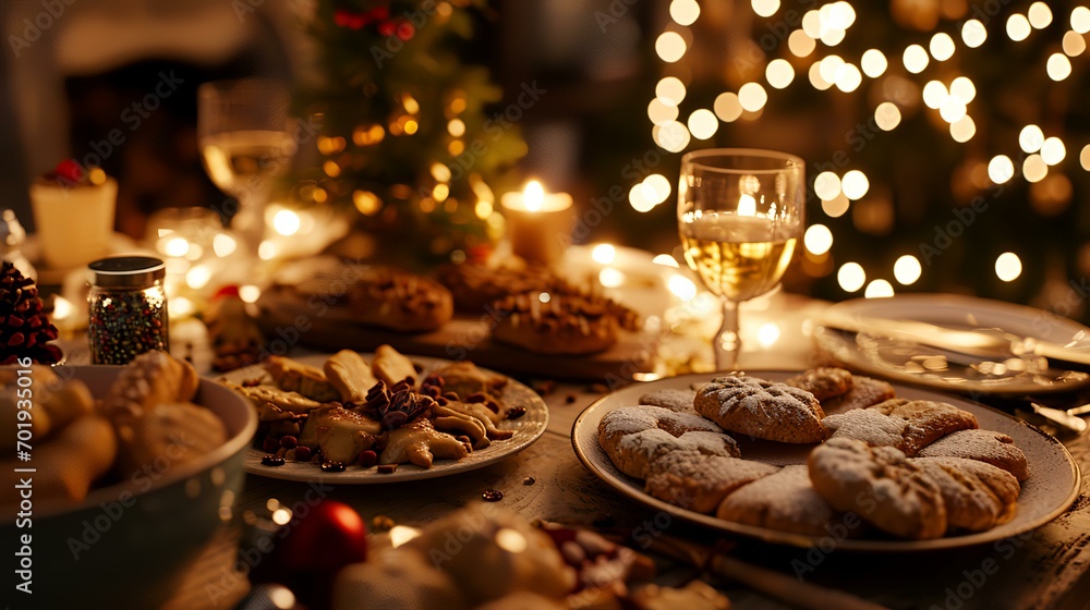 Christmas table with cookies and candles on blurred background. Selective focus
