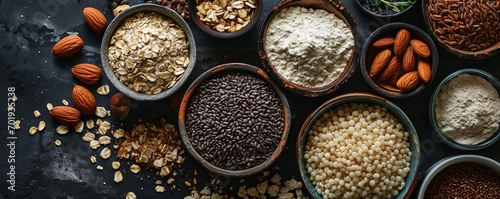 a variety of nuts and seeds in bowls on a table photo