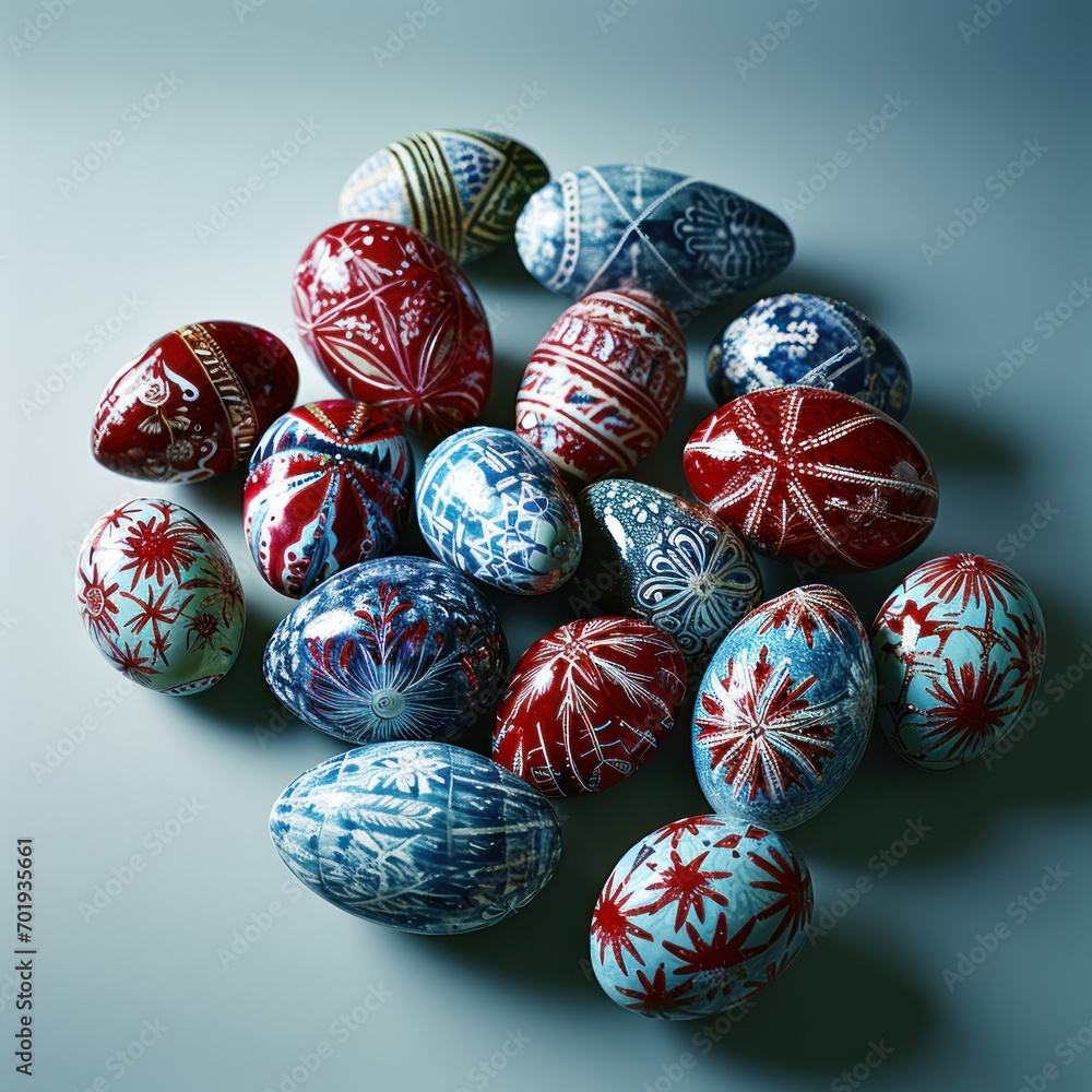 a collection of intricately hand-painted Easter eggs in shades of red and blue, clustered together to showcase their detailed traditional patterns and craftsmanship. a collection of intricately hand-painted Easter eggs in shades of red and blue, clustered together to showcase their detailed traditional patterns and craftsmanship.