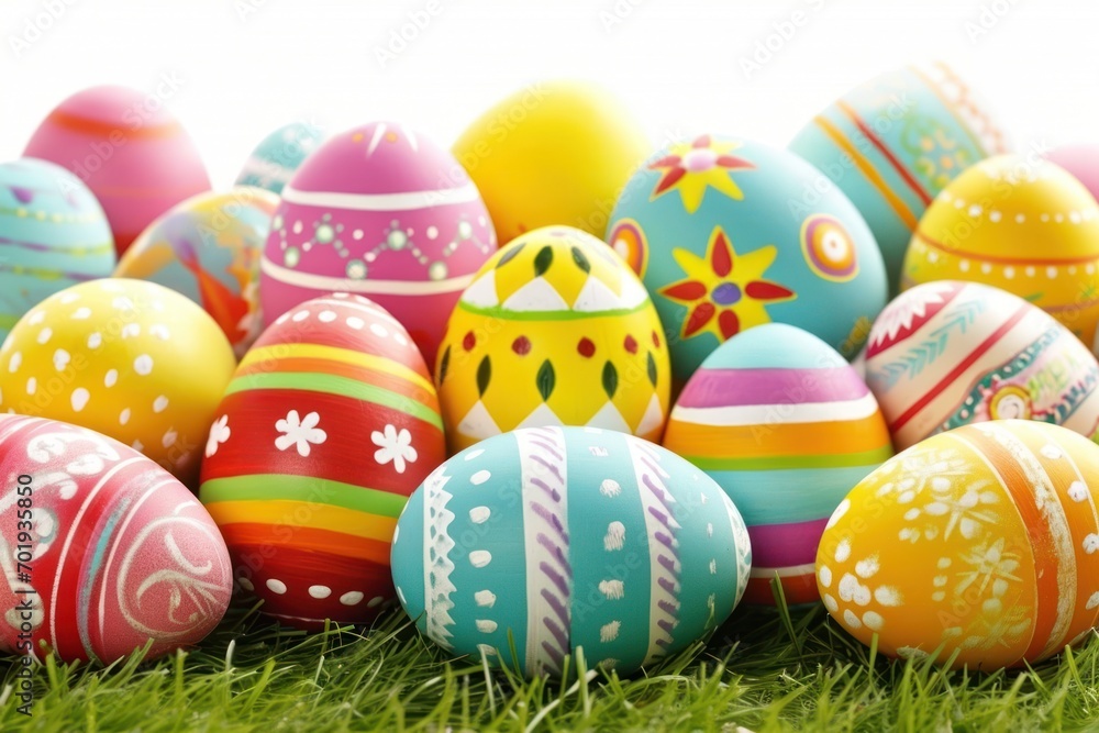 A plethora of Easter eggs, intricately decorated with various patterns and vibrant colors, lie nestled in a bed of fresh green grass.