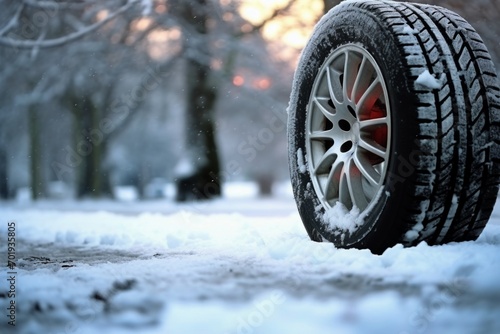 Winter tire covered in snow snowy road ice icy car wheel drive safety safe driving transportation condition change vehicle auto slippery danger frost protection climate dangerous offroad environment