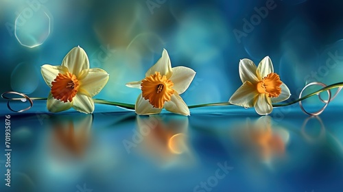 Bright daffodils against a blue background with artistic effects, representing spring and new life for easter photo