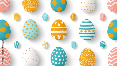 graphic illustration featuring an array of Easter eggs with various patterns such as polka dots, stripes, and zigzags in a palette of turquoise, orange, yellow, and white against a plain background.