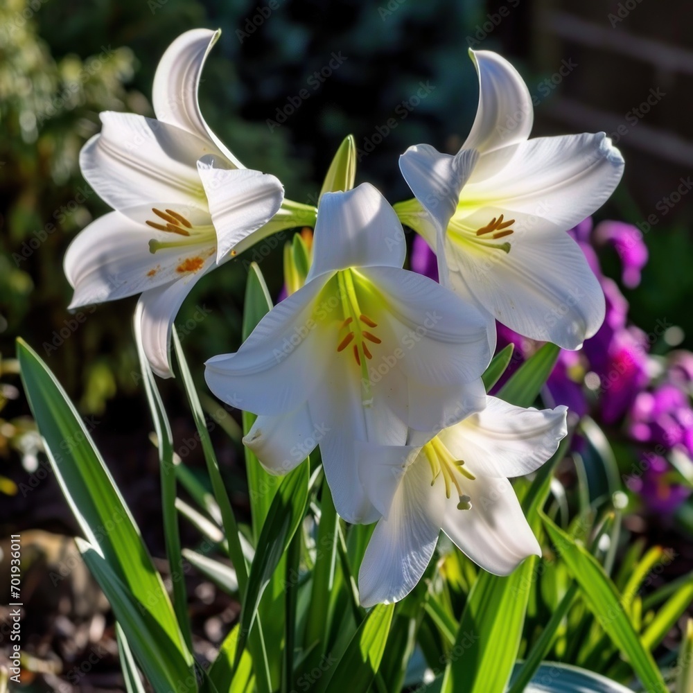Fototapeta premium A captivating close-up of pristine white Easter lilies, their trumpet-shaped flowers fully open, basking in the sunlight amidst a garden setting.