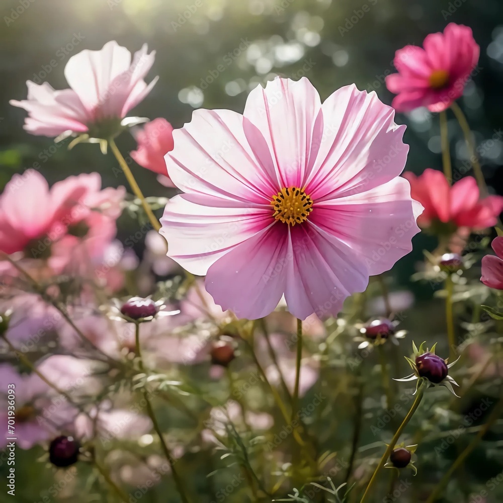 Obraz premium Cosmos growing on the grass with a forest in the background