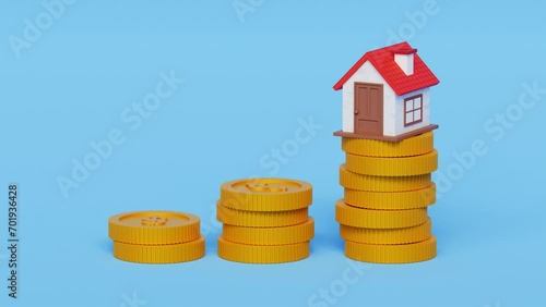 interest rates increase with 3d house on coins stack. investment risk, opportunity, recession, inflation crisis, mortgage, loan, financial concept. 4k 3d animation