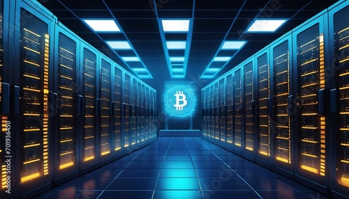 Photo illustration of data bitcoin storage pc server room. Graphic Art. Generative AI photo