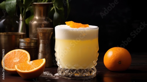 A glass of orange cocktail or smoothie on the table. A nutritious breakfast or snack. Ripe oranges are lying nearby.