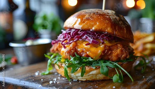 Gourmet Style Crispy Chicken Burger with Pickled Onions photo