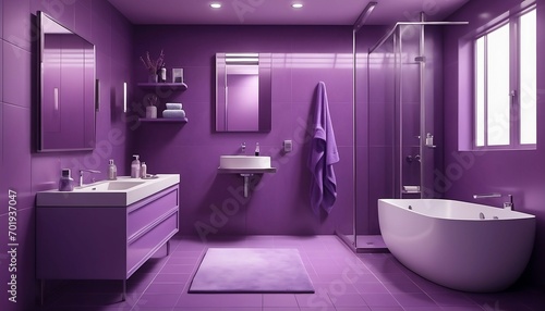 A purple bathroom interior design with a white bathtub. Modern interior Bathroom. Generative AI
