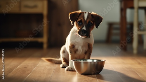 A dog eats dog food from his bowl in a bright kitchen. Feeding a purebred pet with dry food. Pet care and care, healthy food. photo
